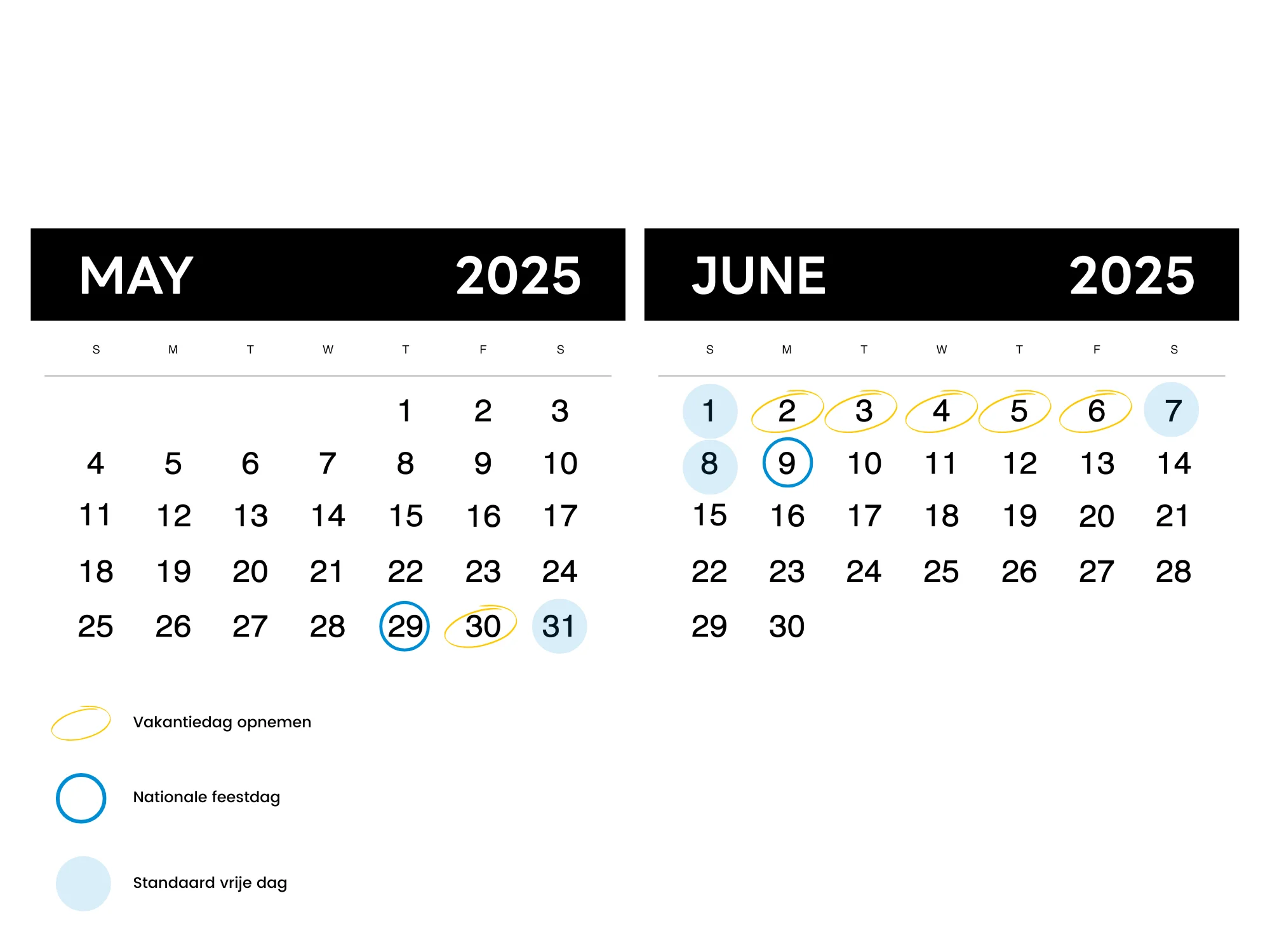 Vrije dagen mei juni 2025